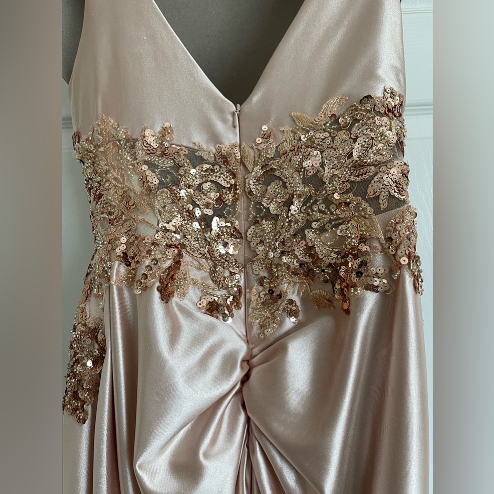 Champagne Maid of Honor or Bridesmaid dress satin gold detail, size 6 with train - Picture 3 of 11